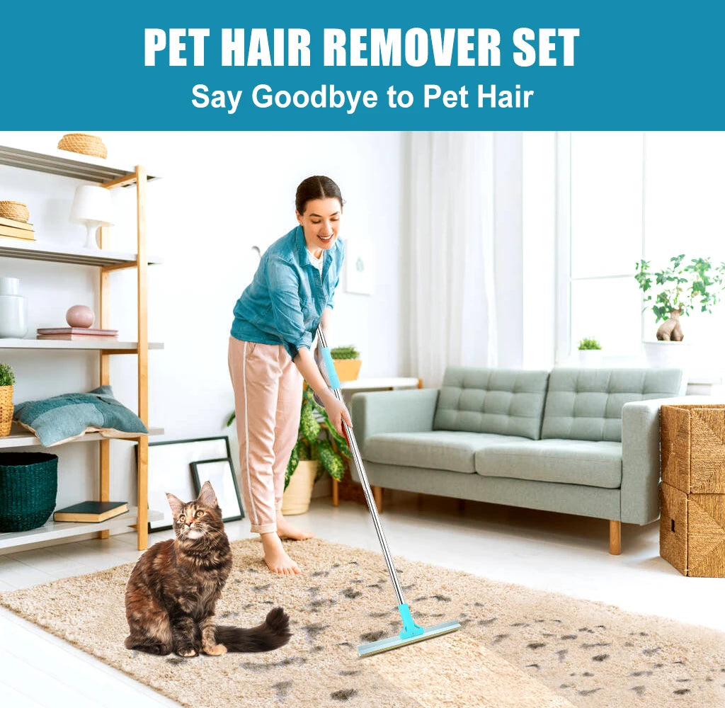 Pet Hair Remover Set Carpet Rake for Pet Hair Removal Adjustable Long Handle Cat Dog Hair Broom Reusable Fur Lint Remover